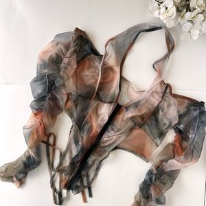 3/$20 Watercolor Organza Halter Ruched sleeve blouse